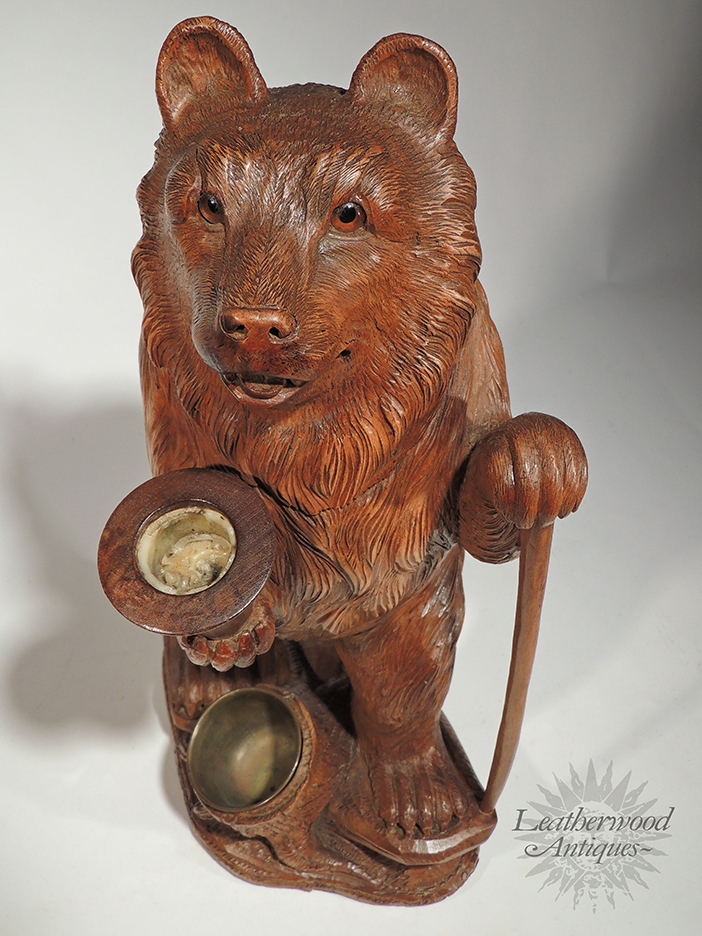 Antique Black Forest Carved wooden Bear Match box holder